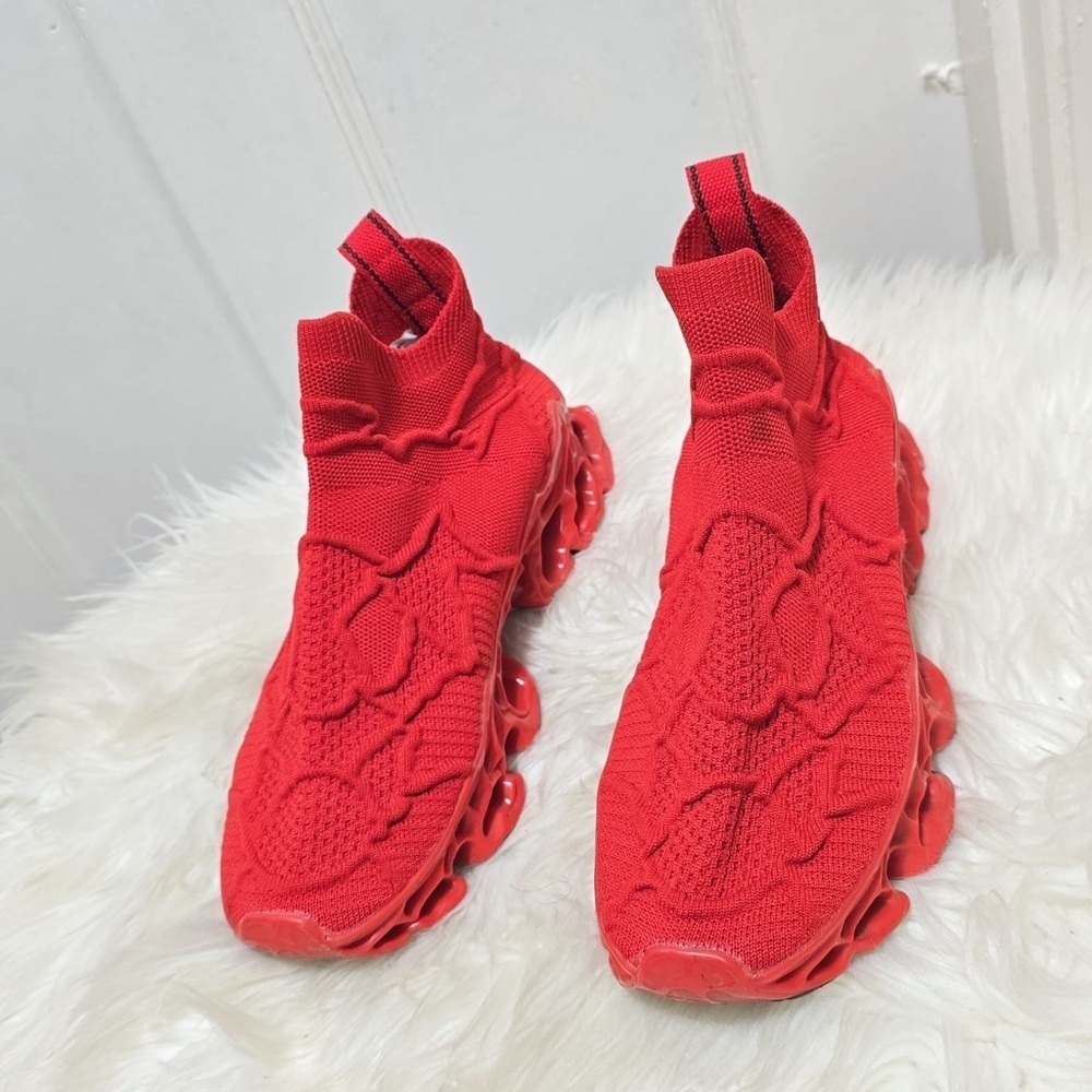 High Fashion Bold Red Knit High-Top Unisex Sneakers🌴✌️ - Picture 2 of 10